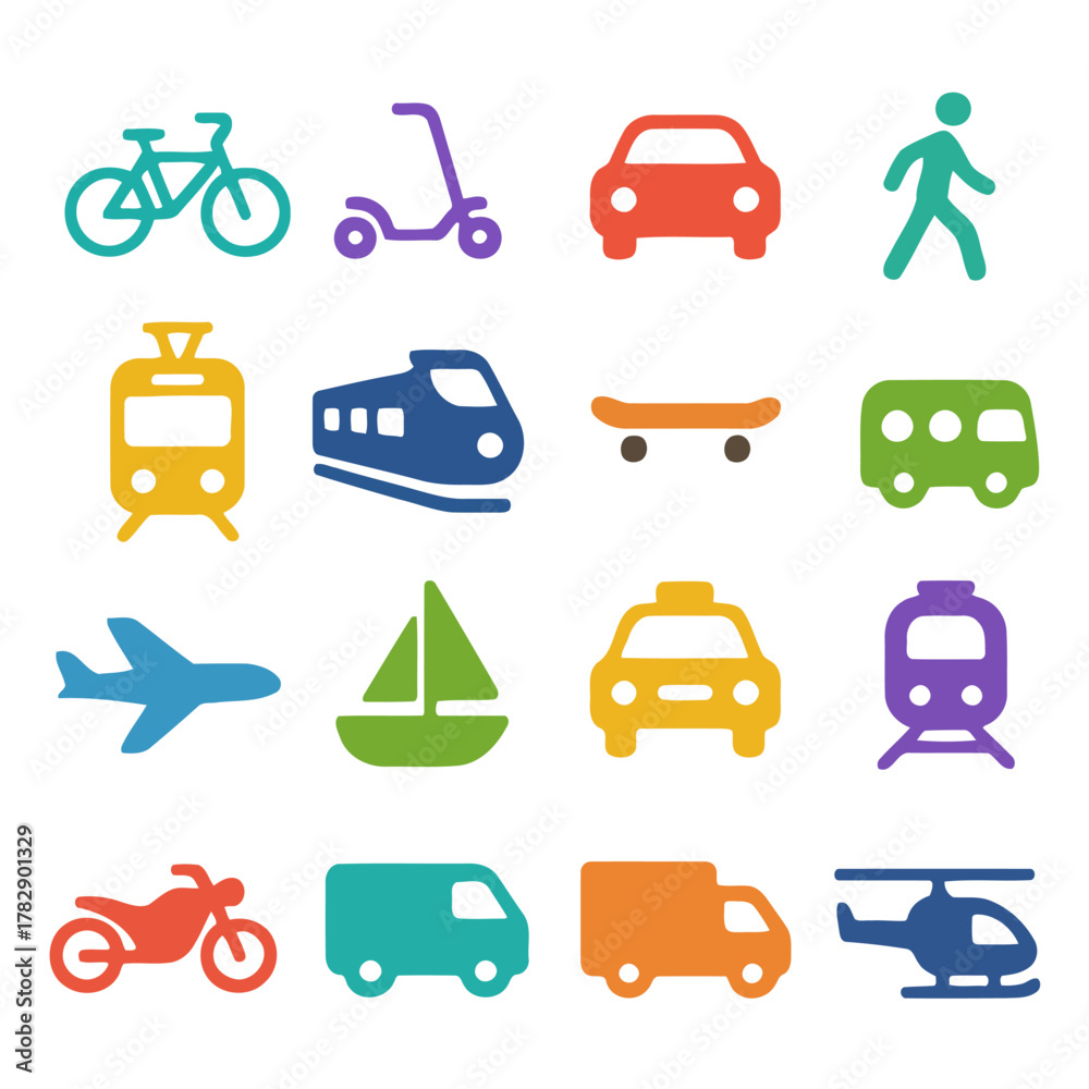 Naklejka premium Transportation Icons: A vibrant array of transportation icons showcases diverse modes of travel, symbolizing movement and mobility across land, sea, and air.