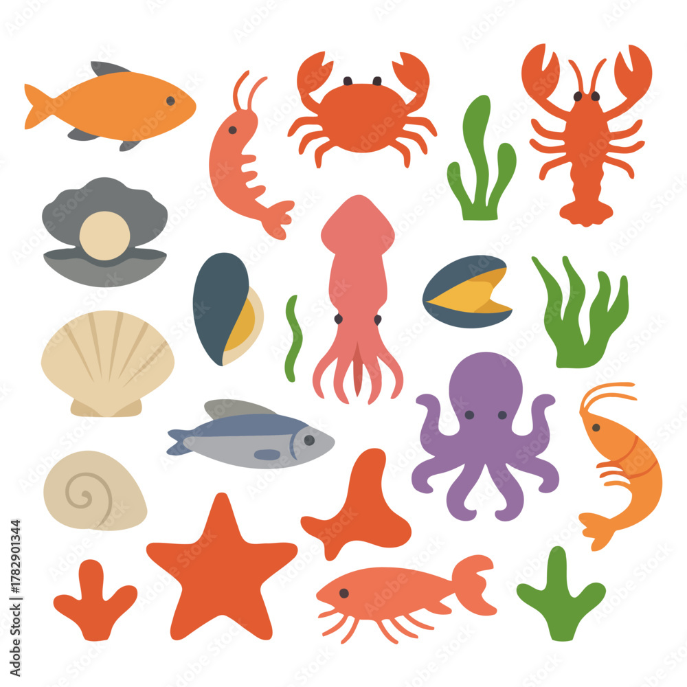 Naklejka premium Ocean's Bounty: A vibrant assortment of marine creatures arranged in a whimsical display, each a testament to the ocean's captivating diversity.