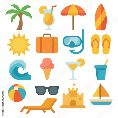 Summer Beach Icons: A collection of vibrant icons capture the essence of a perfect summer day at the beach, inviting viewers to escape to a world of sun, sand, and sea.
