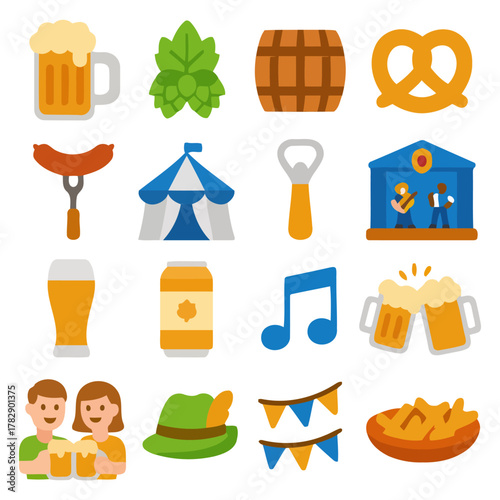 Oktoberfest Delights: An array of iconic elements representing Oktoberfest, featuring beer, pretzels, beer mugs, sausages, and festive decorations for a joyful celebration.