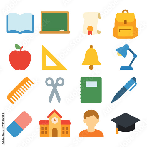 School supplies arranged: A visually pleasing arrangement of essential school supplies, including a book, chalkboard, backpack, apple, and more, all ready to empower and inspire learning