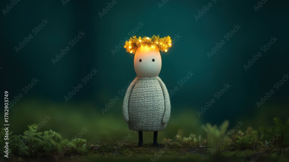 Obraz premium A whimsical figure with a glowing floral crown stands amidst lush greenery, evoking a magical and serene atmosphere.