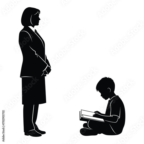 Black Silhouettes of Teacher and Student in a Learning Environment