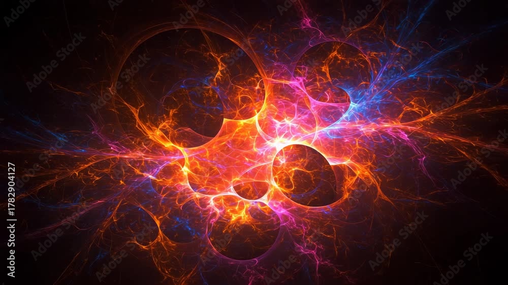 Abstract fiery plasma energy explosion with electric lightning in space