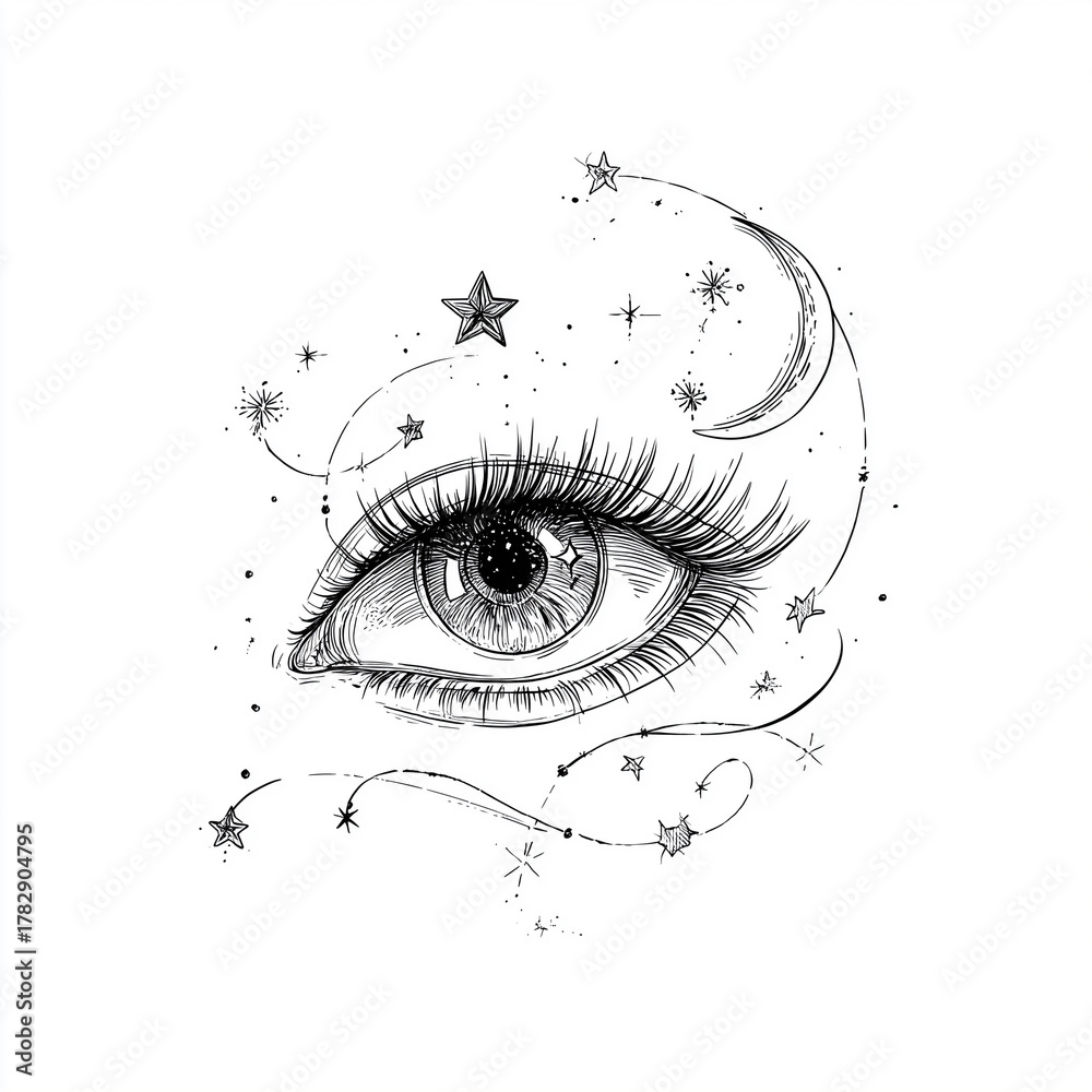 Obraz premium Mystisches Auge mit Mond und Sternen – spirituelle Line-Art Illustration Tattoo im Boho-Stil