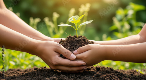 Investing in Tomorrow: Two Sets of Human Hands Offering a Small Plant to the Ground, Illustrating the Start of a Sustainable Development Project.
