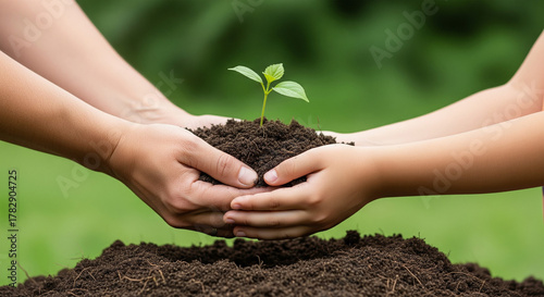 Sustainable Future Concept: Two Pairs of Hands Gently Nurturing a Young Green Plant Against a Soft, Natural Green Background as a Symbol of Growth.