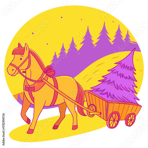 Horse pulling a cart with Christmas tree in winter landscape  