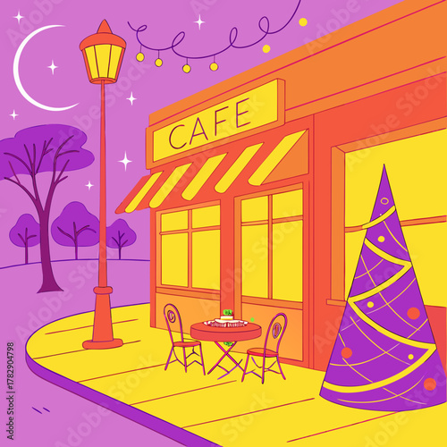 Colorful cafe exterior with outdoor tables and Christmas tree at night  
