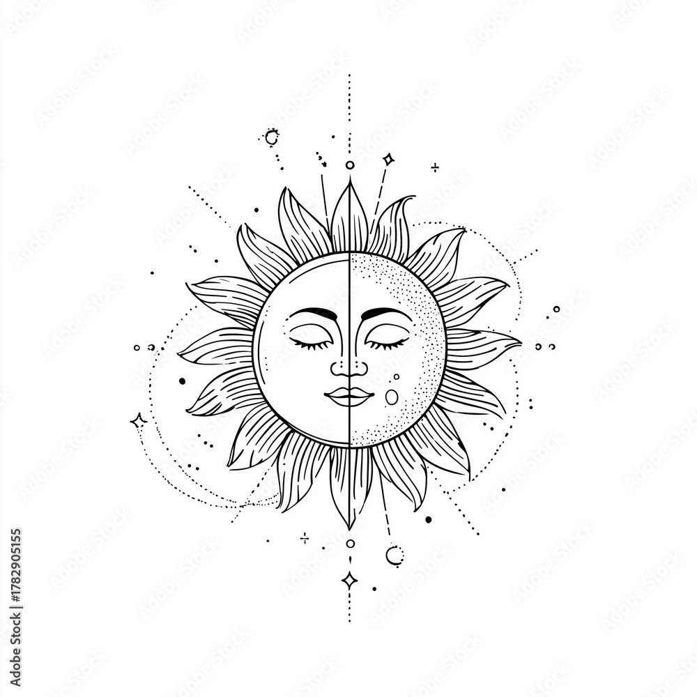 Fototapeta premium Sonne und Mond – mystische Line-Art Illustration im spirituellen Boho-Stil Tattoo
