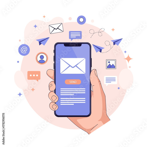 Illustration of a hand holding a smartphone with email icons and messages around, symbolizing mobile communication, digital marketing, and online connectivity in modern technology.