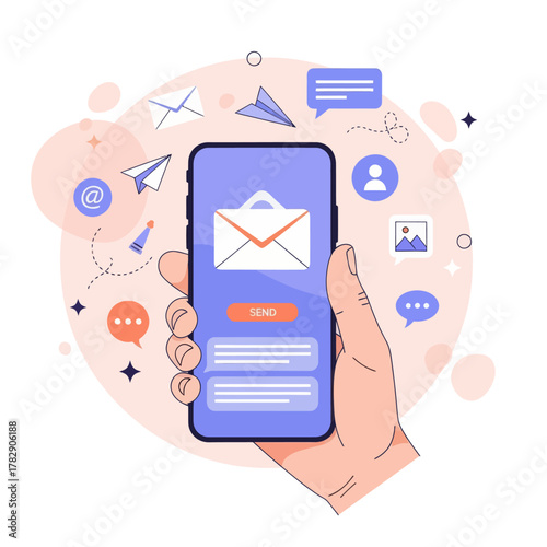 Illustration of a hand holding a smartphone with email icons and messages around, symbolizing mobile communication, digital marketing, and online connectivity in modern technology.