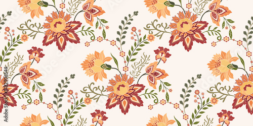 Vector Hand drawn colourful geometric flowers Motifs African boho paisley, seamless patterns with floral for fabric Ethnic Indian Pattern, textiles, clothing, wrapping paper, backdrop, banner.
