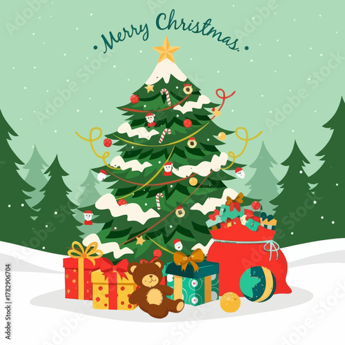 Beautiful Christmas tree decorated with ornaments, gifts, and toys in snowy landscape. Perfect festive illustration for holiday cards, banners, and winter celebration designs.