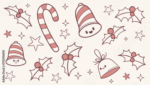 Christmas holiday vector pattern with candy cane bells holly and stars festive season design element vector