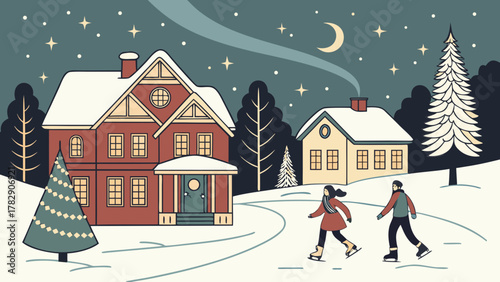 Winter christmas scene with ice skating couple in snowy landscape vector illustration design art 100