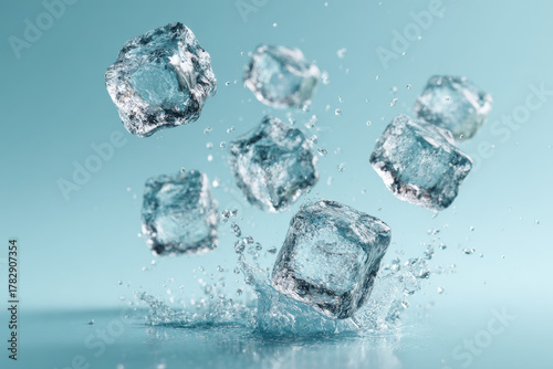 Ice cubes flying in air, water splashing on blue background creates refreshing and dynamic scene