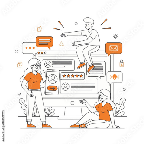 Modern line illustration of people giving online reviews and communication via messages on computer screen. Perfect for feedback, marketing, teamwork, and digital interaction concepts.