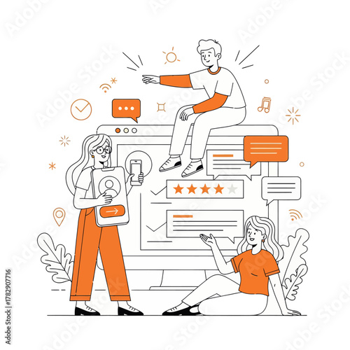 Modern line illustration of people giving online reviews and communication via messages on computer screen. Perfect for feedback, marketing, teamwork, and digital interaction concepts.