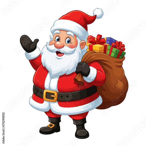 Cheerful Santa Claus cartoon holding a big sack full of colorful gifts. Festive Christmas illustration perfect for holiday, winter celebration, and seasonal design themes.