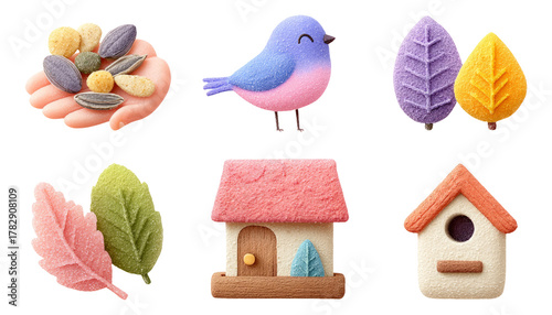 Colorful Art Objects of Bird, House, Leaves, and Stones on Transparent Background