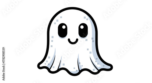 A cute and friendly cartoon ghost character with a smiling face and a digital pixel pattern.
