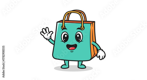 A cute and friendly cartoon shopping bag character mascot waving its hand with a happy expression.