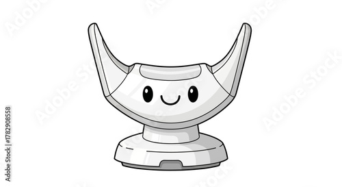 A cute and friendly white cartoon robot character with a happy smiling face and horns on a stand.