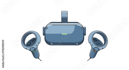 A blue virtual reality headset and two controllers illustrated in a clean, modern cartoon style.