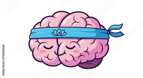 A calm cartoon brain meditating, wearing a blue headband with a lotus and Om symbol.