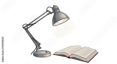 A classic gray metal swing arm desk lamp illuminating an open hardcover book.