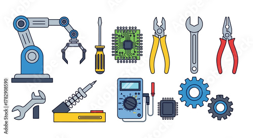 A colorful collection of illustrated icons for robotics, electronics repair, and engineering, including tools and components.