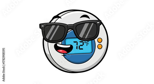 A cool cartoon digital thermostat character with a happy face and sunglasses.