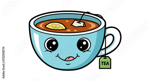 A cute and happy cartoon teacup character with a smiling kawaii face, filled with hot lemon tea.