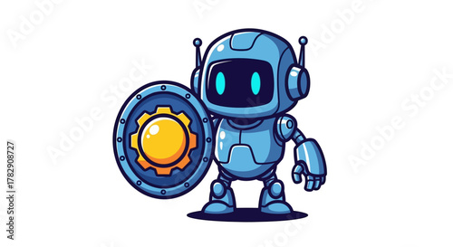 A cute blue cartoon robot character holding a large shield with a yellow gear symbol.