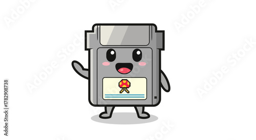 A cute cartoon retro video game cartridge character waving happily.