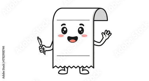 A cute cartoon paper receipt character with a happy face, holding a pen and waving hello.