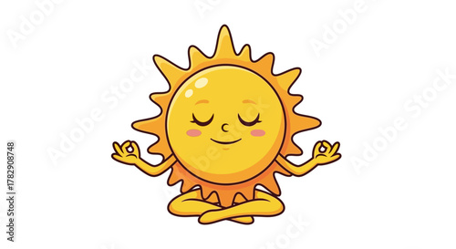 A cute cartoon sun character with a peaceful face meditating in a lotus yoga pose.