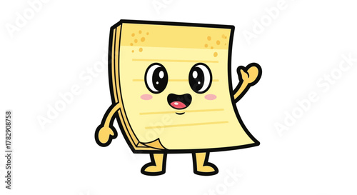 A cute cartoon yellow notepad character with a happy face waving its hand. Adorable kawaii sticky note mascot illustration.