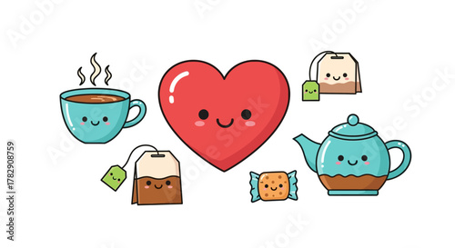 A cute collection of kawaii tea time characters with a smiling red heart, teacup, teapot, teabags, and a sweet candy.