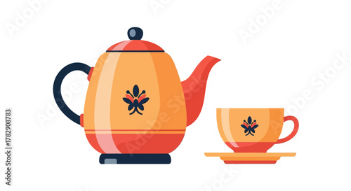 A decorative orange and red teapot with a matching teacup and saucer, featuring a folk art design.