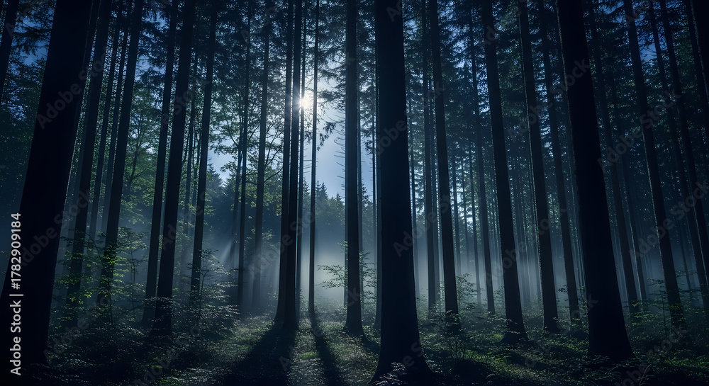 Fototapeta premium Sunlight piercing through a dense forest, casting long shadows and creating a mystical atmosphere.