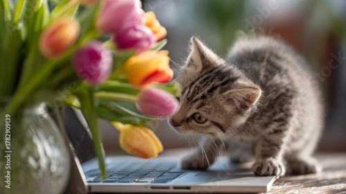 Fototapeta Naklejka Na Ścianę i Meble -  Kitten exploring flowers and laptop