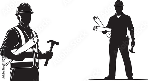 Construction Worker Silhouettes – Minimalist Black & White Vector Icons of Builders with Tools and Blueprints
