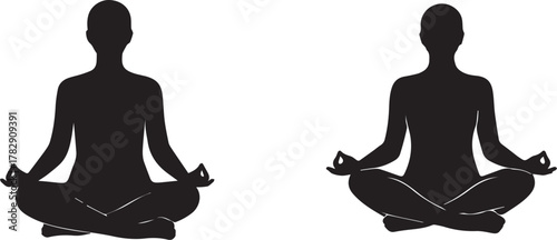 Meditating figures in lotus pose – bold black and white silhouette icons of mindfulness, peace, and inner focus