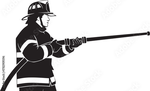 Firefighter aiming hose – bold black and white silhouette icon of emergency response, bravery, and public safety