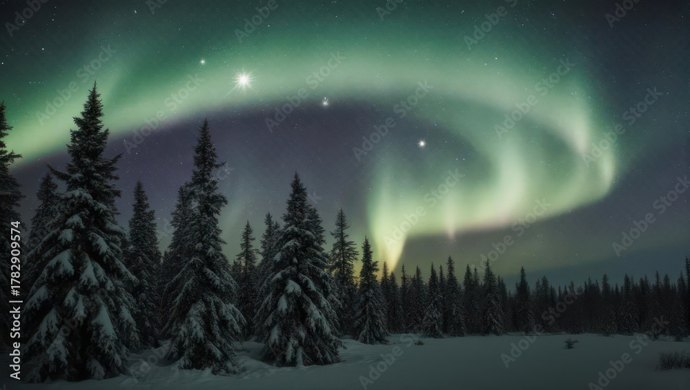 Fototapeta premium Aurora Borealis over a Snowy Forest - A Nighttime Spectacle.