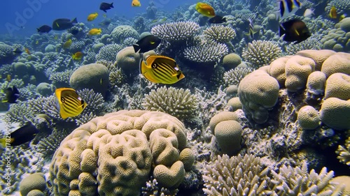 Vibrant underwater scene with diverse coral reef formations and colorful tropical fish swimming gracefully in clear blue ocean water showcasing marine biodiversity and healthy ecosystem.