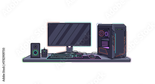 A modern gaming computer setup illustration with a desktop PC tower, monitor, keyboard, mouse, and speakers with neon accents.