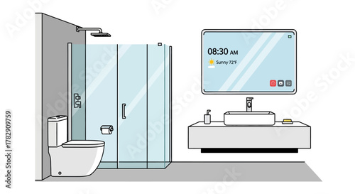 A modern smart bathroom illustration with a digital mirror, glass shower, and floating vanity.